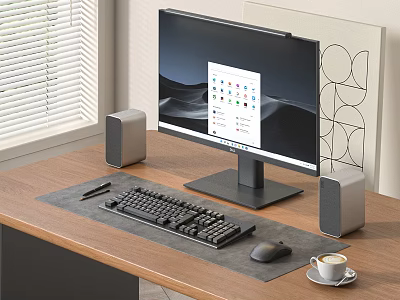 Modern Computer Workspace with Monitor Keyboard Mouse Speakers Coffee Cup on Wooden Desk 3d model