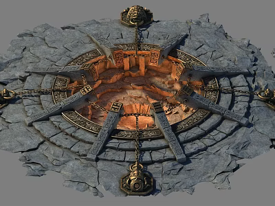 Ancient Circular Stone Structure With Metal Chains And Ornaments On Ground 3d model