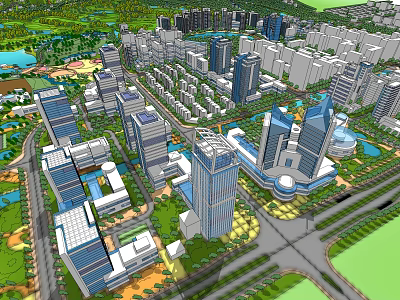 Aerial View Of Urban Planning With High Rise Buildings Parks Roads And Lakes 3d model