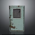 Rusted Teal Metal Door With Small Window And Vintage Distressed Details