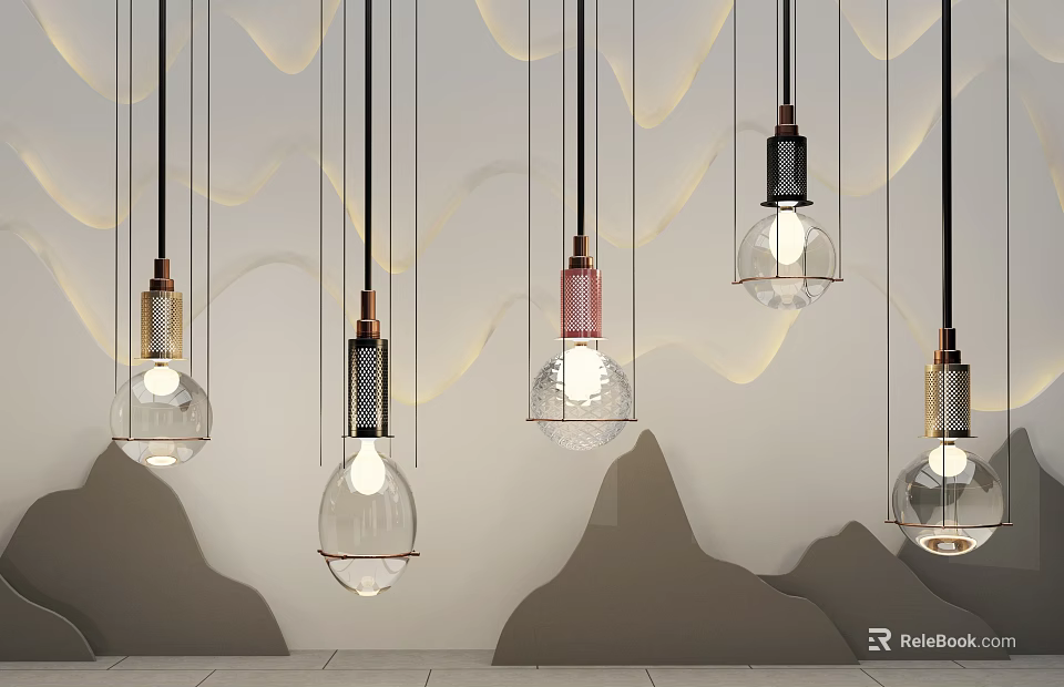 Modern Pendant Lights With Various Glass Shades Hanging On Wavy Wall Decor 3d model 