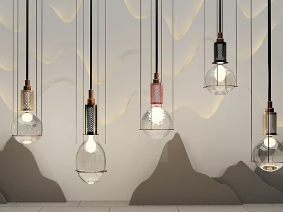 Modern Pendant Lights With Various Glass Shades Hanging On Wavy Wall Decor 3d model