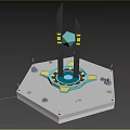 Hexagonal Platform With Central Black Pillars Blue Diamond Shaped Object Purple Decorations Yellow Geometric Patterns