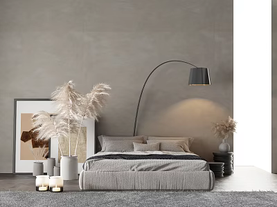 Modern Double Bed Bedroom Interior With Arc Floor Lamp Pampas Grass And Gray Wall 3d model
