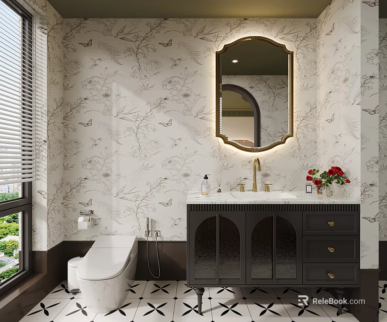 Elegant Retro Bathroom With Floral Bird Printed Wallpaper And Luxury Backlit Gold Framed Vanity Mirror 3d model 
