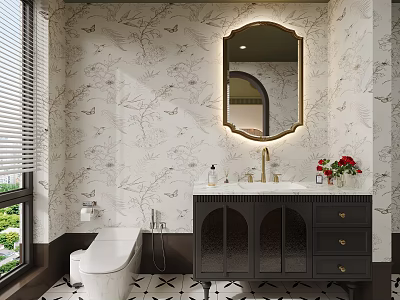 Elegant Retro Bathroom With Floral Bird Printed Wallpaper And Luxury Backlit Gold Framed Vanity Mirror 3d model