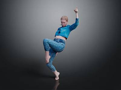 Dynamic Woman Dancing With Lifted Leg Raised Hand in Blue Top Patterned Pants Against Gray Background 3d model