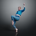 Dynamic Woman Dancing With Lifted Leg Raised Hand in Blue Top Patterned Pants Against Gray Background