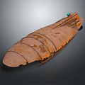 Long Rusted Mechanical Structure With Layered Plates Blue Sphere And Orange Components
