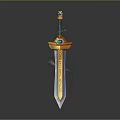 Ornate Decorative Sword Featuring Golden Hilt Blue Gemstone And Engraved Blade