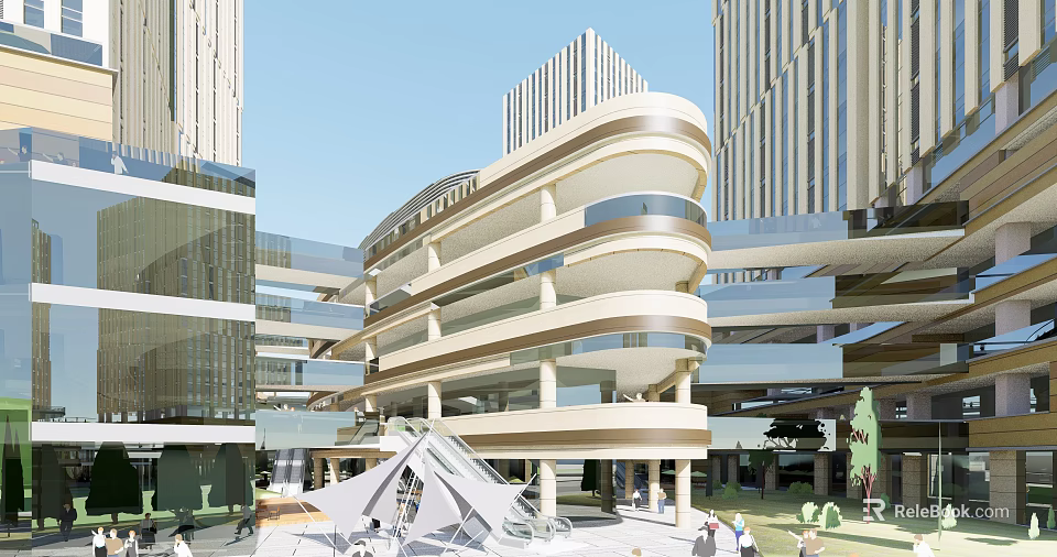 Modern Curved Multi Level Building With Glass Facade Plaza Area And Pedestrians 3d model 