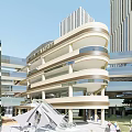 Modern Curved Multi Level Building With Glass Facade Plaza Area And Pedestrians