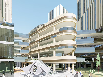 Modern Curved Multi Level Building With Glass Facade Plaza Area And Pedestrians 3d model