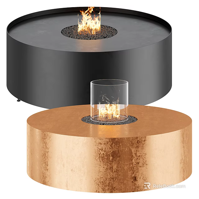 Modern Round Black And Copper Fireplace Design With Glass Enclosure And Burning Flame 3d model 