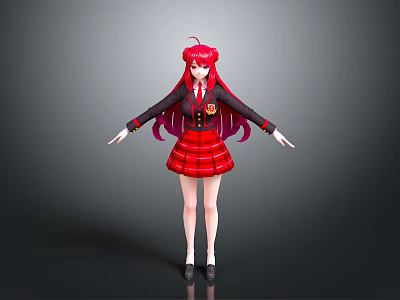 Anime Girl Character With Long Red Hair Black Red Uniform Skirt Standing Pose Gray Background 3d model