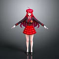 Anime Girl Character With Long Red Hair Black Red Uniform Skirt Standing Pose Gray Background
