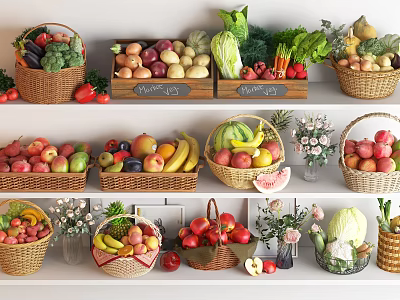 Fresh Assorted Fruits and Vegetables in Wicker Baskets on Shelves with Labels 3d model