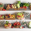 Fresh Assorted Fruits and Vegetables in Wicker Baskets on Shelves with Labels