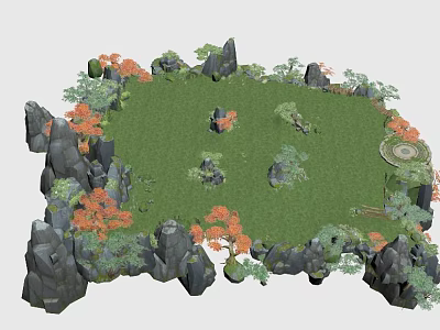 Traditional Chinese Garden Landscape With Green Lawn Black Rocks And Colorful Trees 3d model
