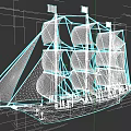 Detailed Sailing Ship Model Featuring White Sails And Multiple Flags On Wooden Hull