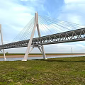 Cable-stayed Bridge Spanning River With Blue Sky White Clouds And Green Grassland 3d model