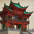 Traditional Chinese Ancient Architecture With Green Glazed Roof Wooden Carvings And Colorful Murals