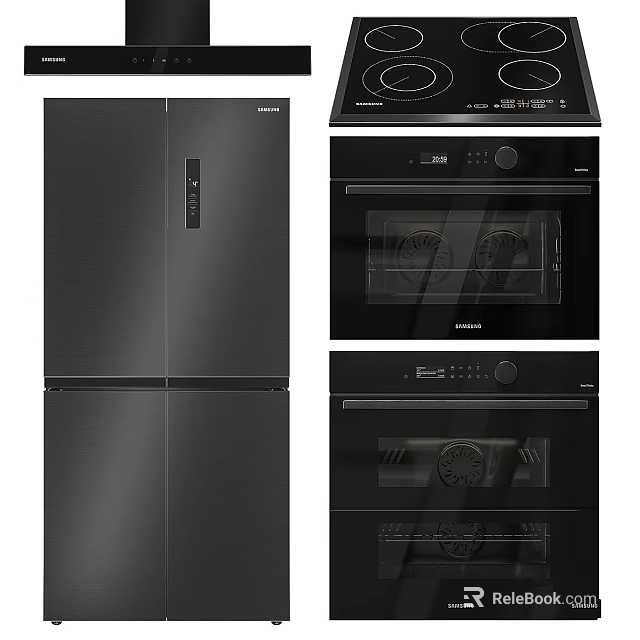 Modern Black Stainless Steel Kitchen Appliances Featuring Refrigerator And Ovens 3d model 