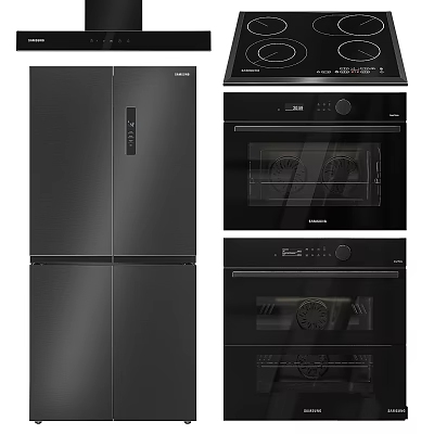 Modern Black Stainless Steel Kitchen Appliances Featuring Refrigerator And Ovens 3d model