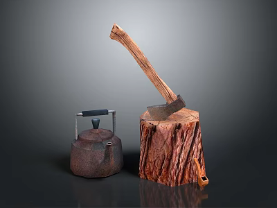 Iron Kettle And Wooden Handle Axe Placed On Tree Stump For Daily Use 3d model
