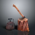 Iron Kettle And Wooden Handle Axe Placed On Tree Stump For Daily Use