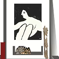 Abstract Black And White Human Figure Painting Hanging On Wall With Firewood And Wooden Sculpture