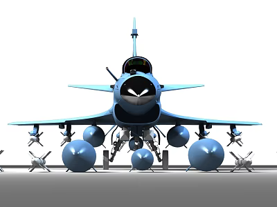 Modern Blue Fighter Jet Front View Featuring Mounted Missiles and Fuel Tanks 3d model