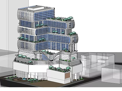 Modern Office Building With Glass Facade And Green Plants On Terraces 3d model