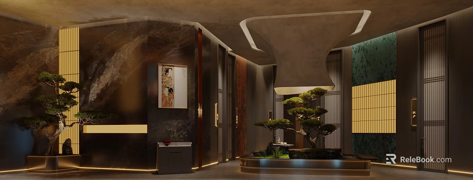 Modern Luxury Restaurant Interior With Marble Walls Bonsai Tree Pendant Light And Artwork 3d model 