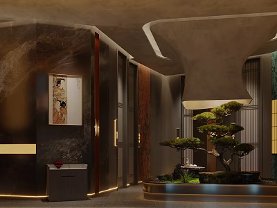 Modern Luxury Restaurant Interior With Marble Walls Bonsai Tree Pendant Light And Artwork 3d model