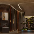 Modern Luxury Restaurant Interior With Marble Walls Bonsai Tree Pendant Light And Artwork
