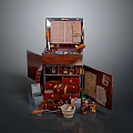 Vintage Living Supplies in Open Wooden Chest with Drawers Mortar Medicine Bottles and Papers