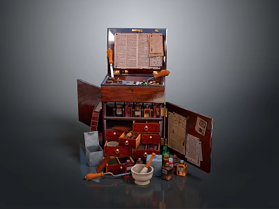 Vintage Living Supplies in Open Wooden Chest with Drawers Mortar Medicine Bottles and Papers 3d model
