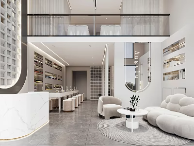 Modern Beauty Hair Salon Interior Design With Marble Reception Counter Round Mirror And Comfortable Sofa 3d model