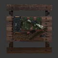 Military Weapons Collection on Wooden Table with Green Case Rifles Ammunition Belt and Grenades