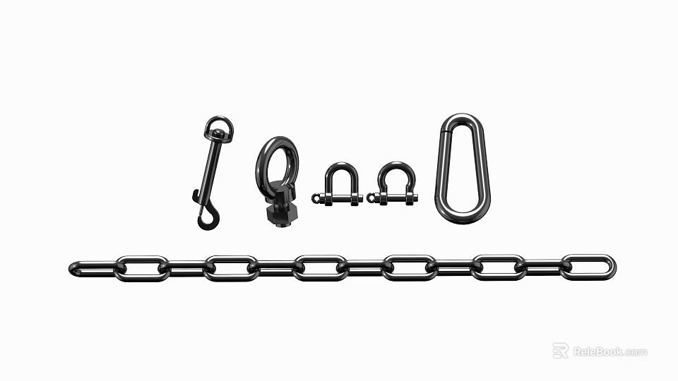 Durable Black Metal Hardware Accessories Including Chain Hooks Shackles And Rings 3d model 