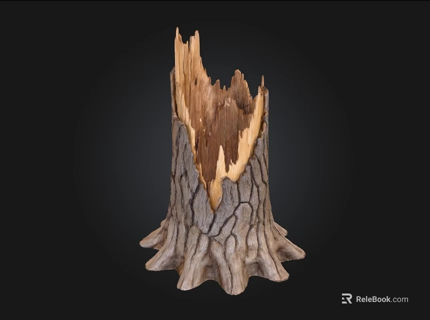 Weathered Tree Stump With Broken Top Cracked Bark And Exposed Roots On Dark Background 3d model 