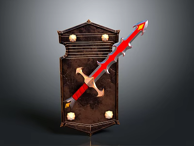 Red Sword With Silver Gold Accents Leaning On Brown Wooden Shield With Ornate Design 3d model