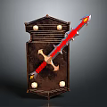 Red Sword With Silver Gold Accents Leaning On Brown Wooden Shield With Ornate Design