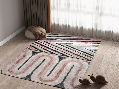 Modern Square Rug With Geometric Wavy Stripes On Wooden Floor And Curtains 3d model