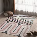 Modern Square Rug With Geometric Wavy Stripes On Wooden Floor And Curtains