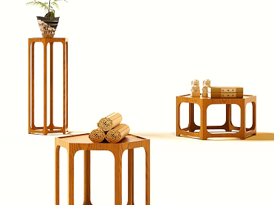 Natural Wooden Coffee Tables With Scrolls Bottles And Box For Living Room Setup 3d model