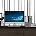 Apple iMac Desktop Computer Setup with Headphones Books External Devices on Wooden Desk