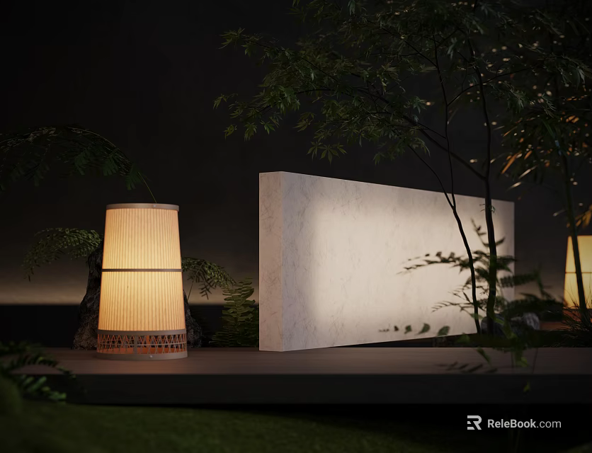 Japanese Style Floor Lamp In Garden With Greenery And Stone 3d model 