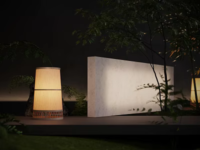 Japanese Style Floor Lamp In Garden With Greenery And Stone 3d model